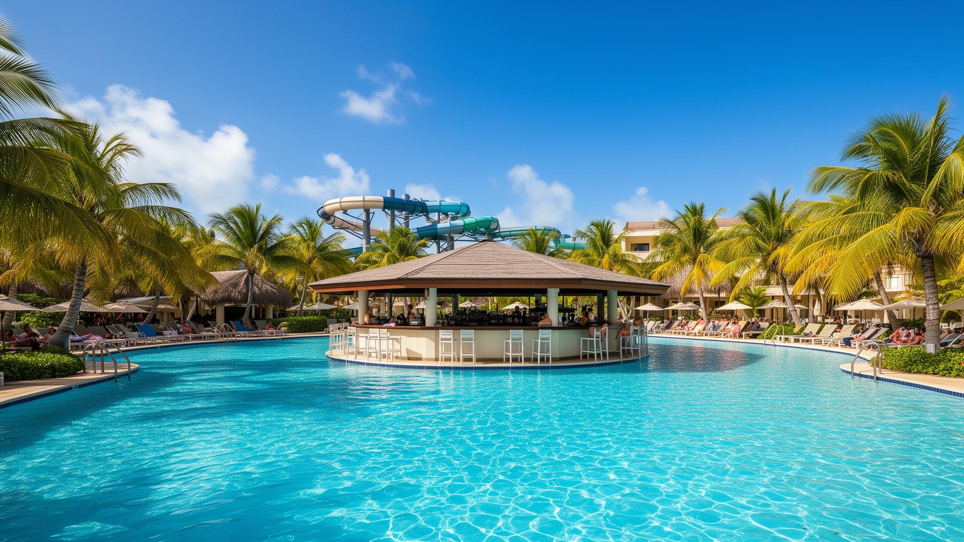 Resort familiar con piscina y palmeras frente al mar